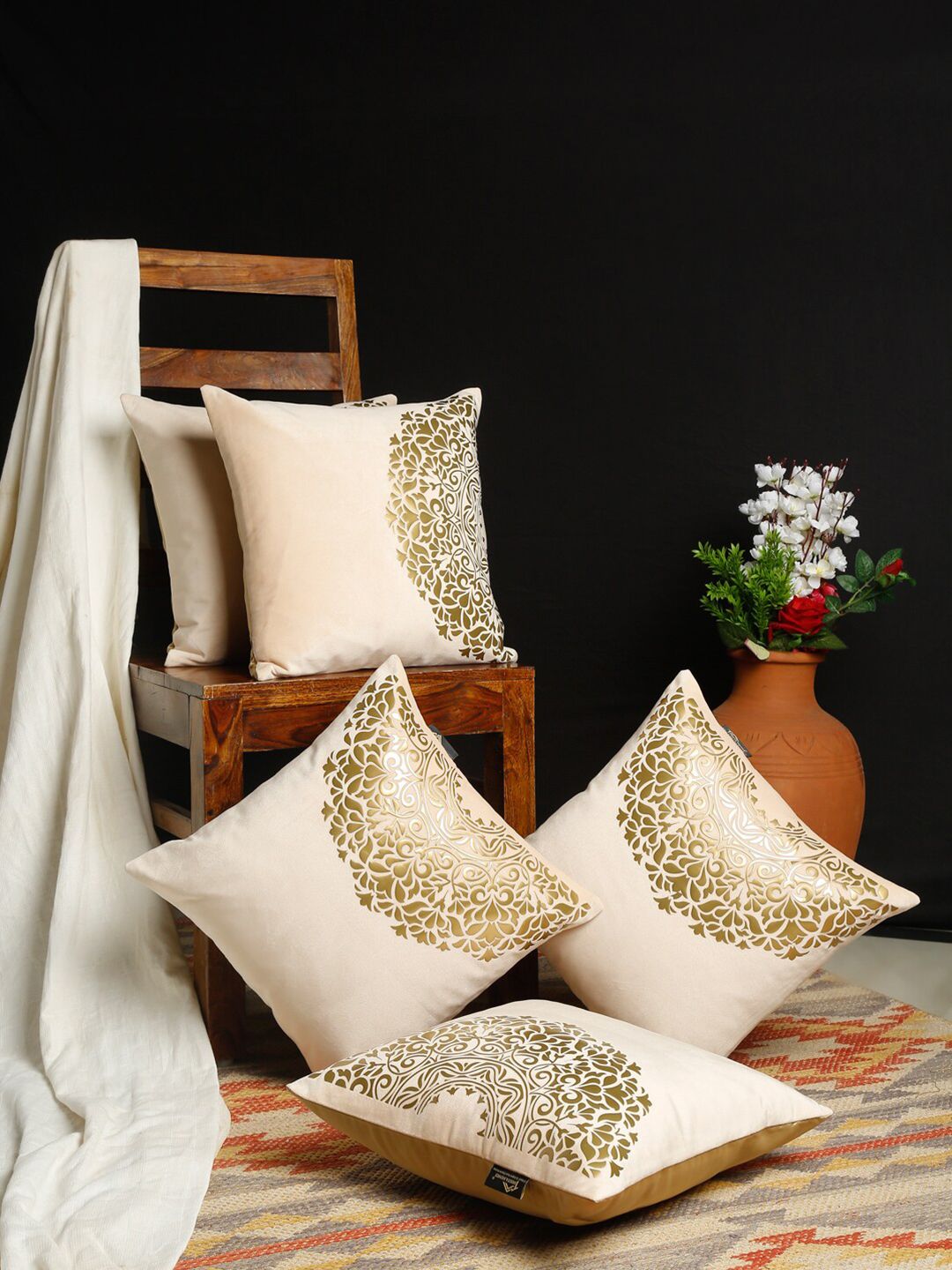 HOSTA HOMES Cream-Coloured & Gold-Toned Set of 5 Geometric Velvet Square Cushion Covers Price in India