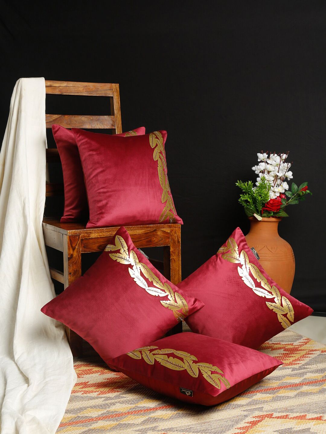 HOSTA HOMES Red & Gold-Toned Set of 5 Floral Velvet Square Cushion Covers Price in India