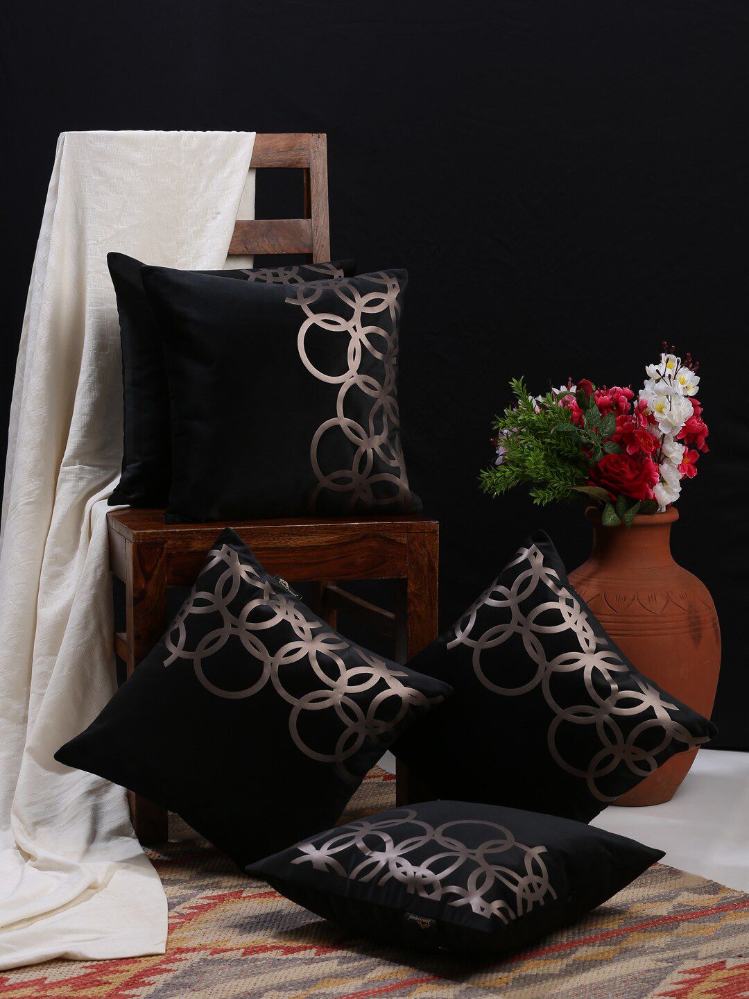 HOSTA HOMES Black & Gold-Toned Set of 5 Geometric Velvet Square Cushion Covers Price in India