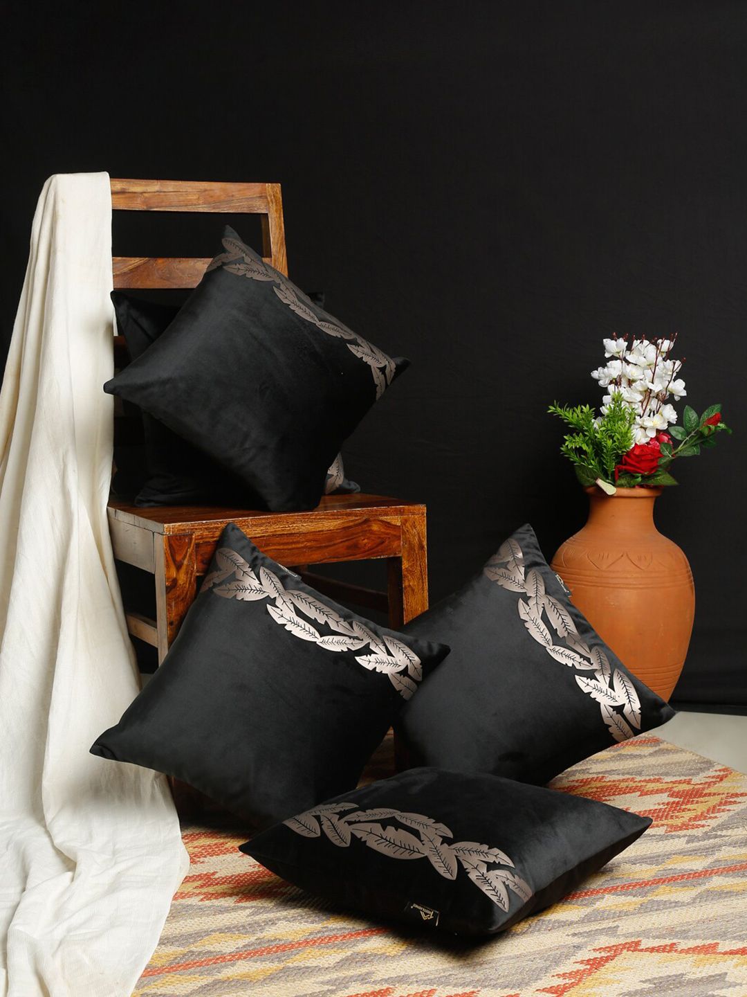HOSTA HOMES Black & Gold-Toned Set of 5 Floral Velvet Square Cushion Covers Price in India