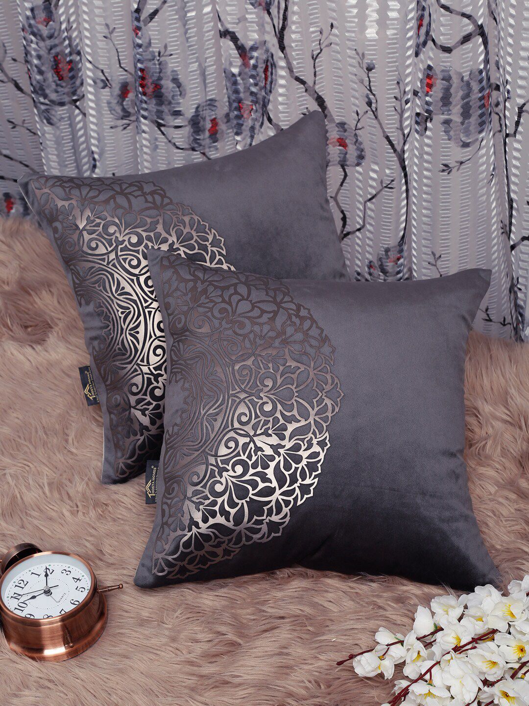 HOSTA HOMES Grey & Silver-Toned Set of 2 Geometric Velvet Square Cushion Covers Price in India