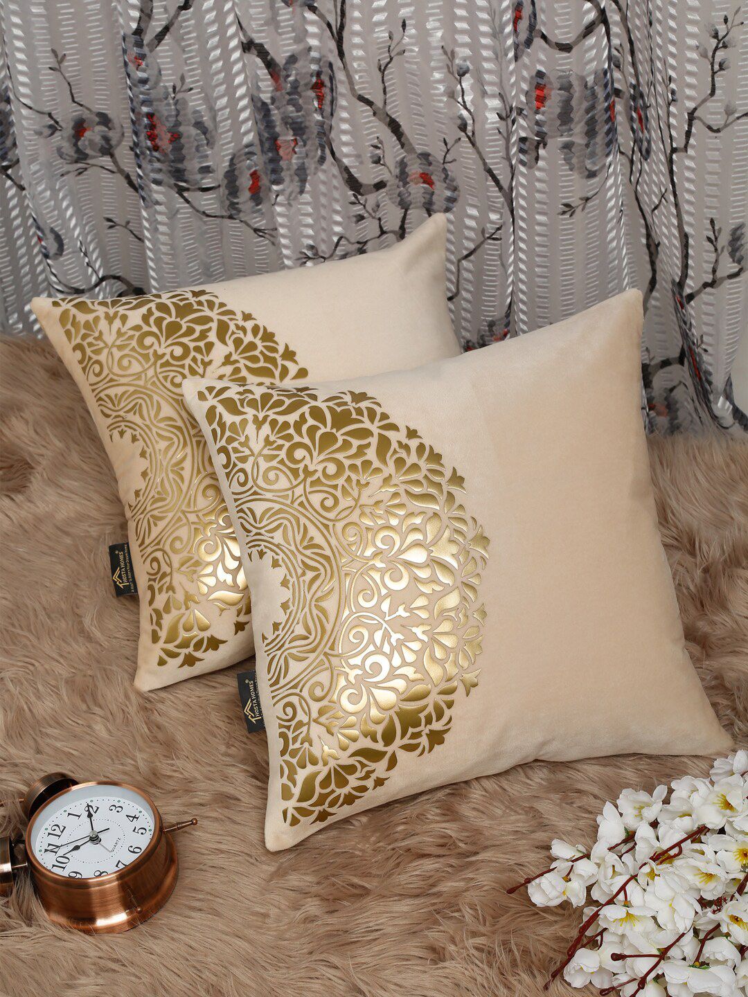 HOSTA HOMES Cream-Coloured & Gold-Toned Set of 2 Floral Velvet Square Cushion Covers Price in India