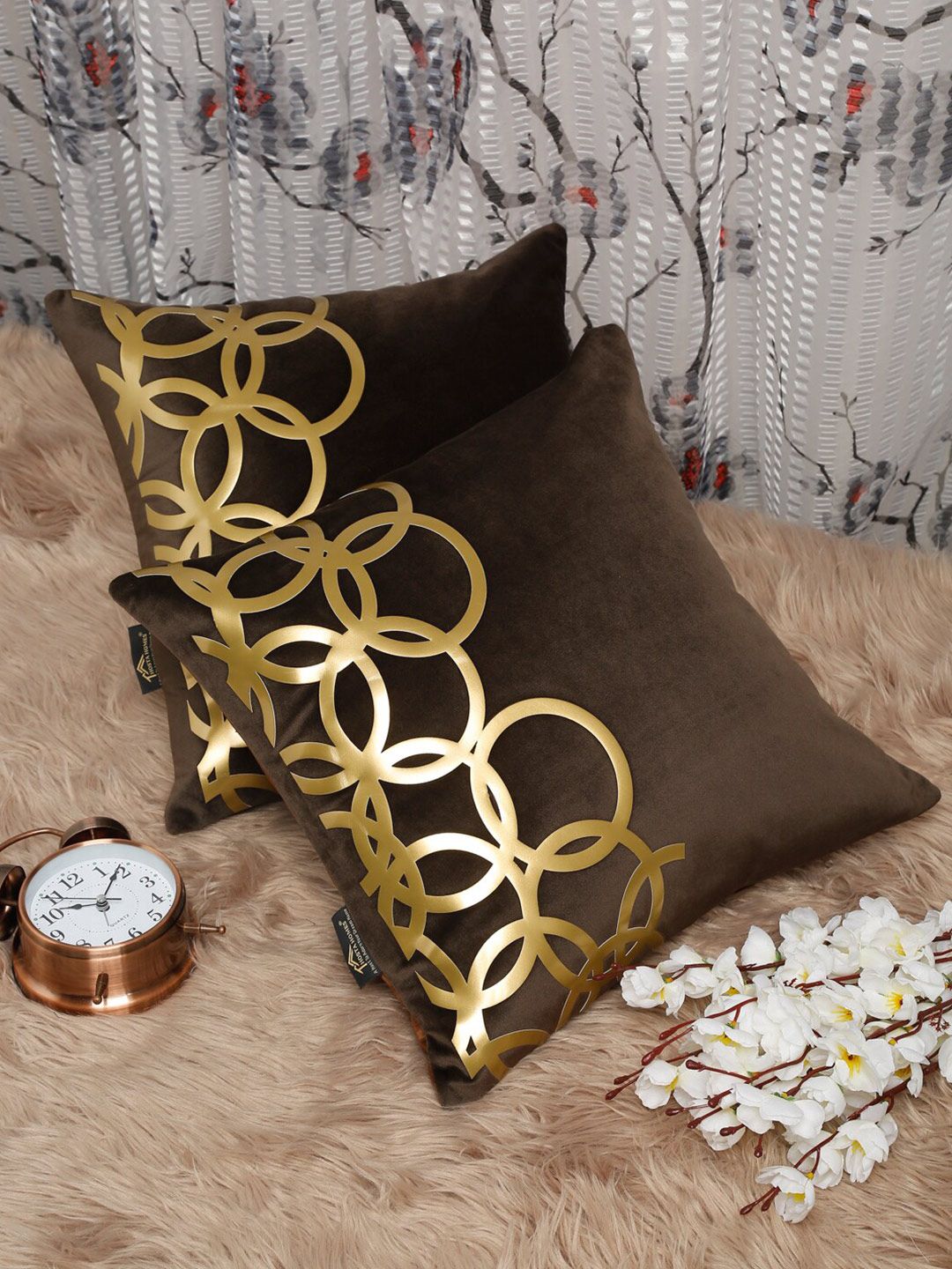 HOSTA HOMES Brown & Gold-Toned Set of 2 Geometric Velvet Square Cushion Covers Price in India