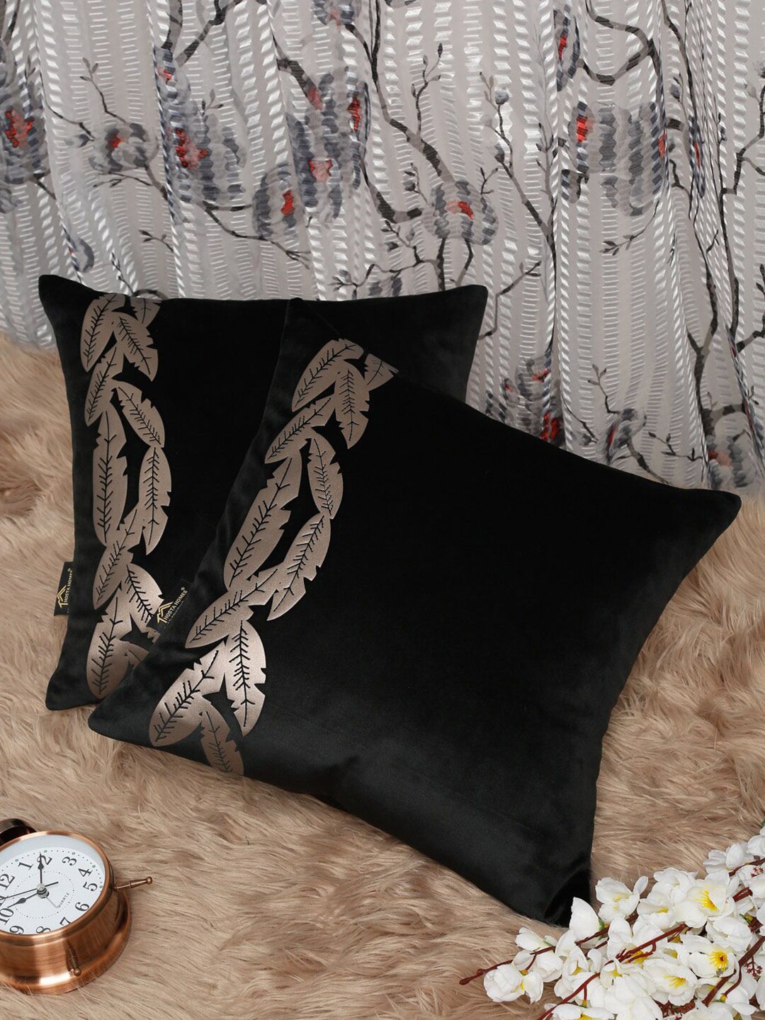 HOSTA HOMES Black & Gold Set of 2 Foil Printed Velvet Square Cushion Covers 16 X 16 INCH Price in India