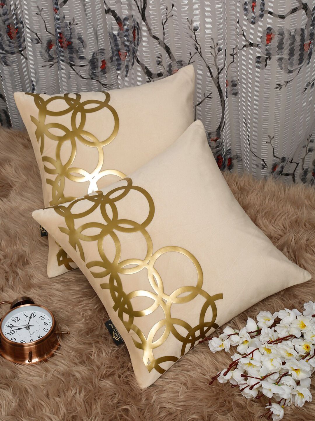 HOSTA HOMES Set of 2 Cream-Coloured & Gold-Toned Geometric Velvet Square Cushion Covers Price in India