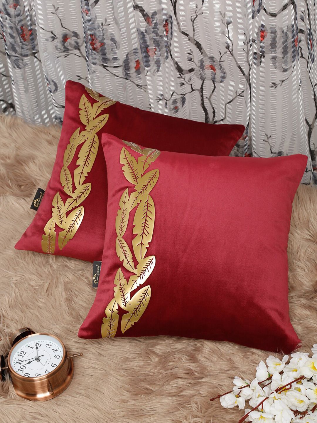 HOSTA HOMES Red & Gold-Toned Set of 2 Abstract Velvet Square Cushion Covers Price in India