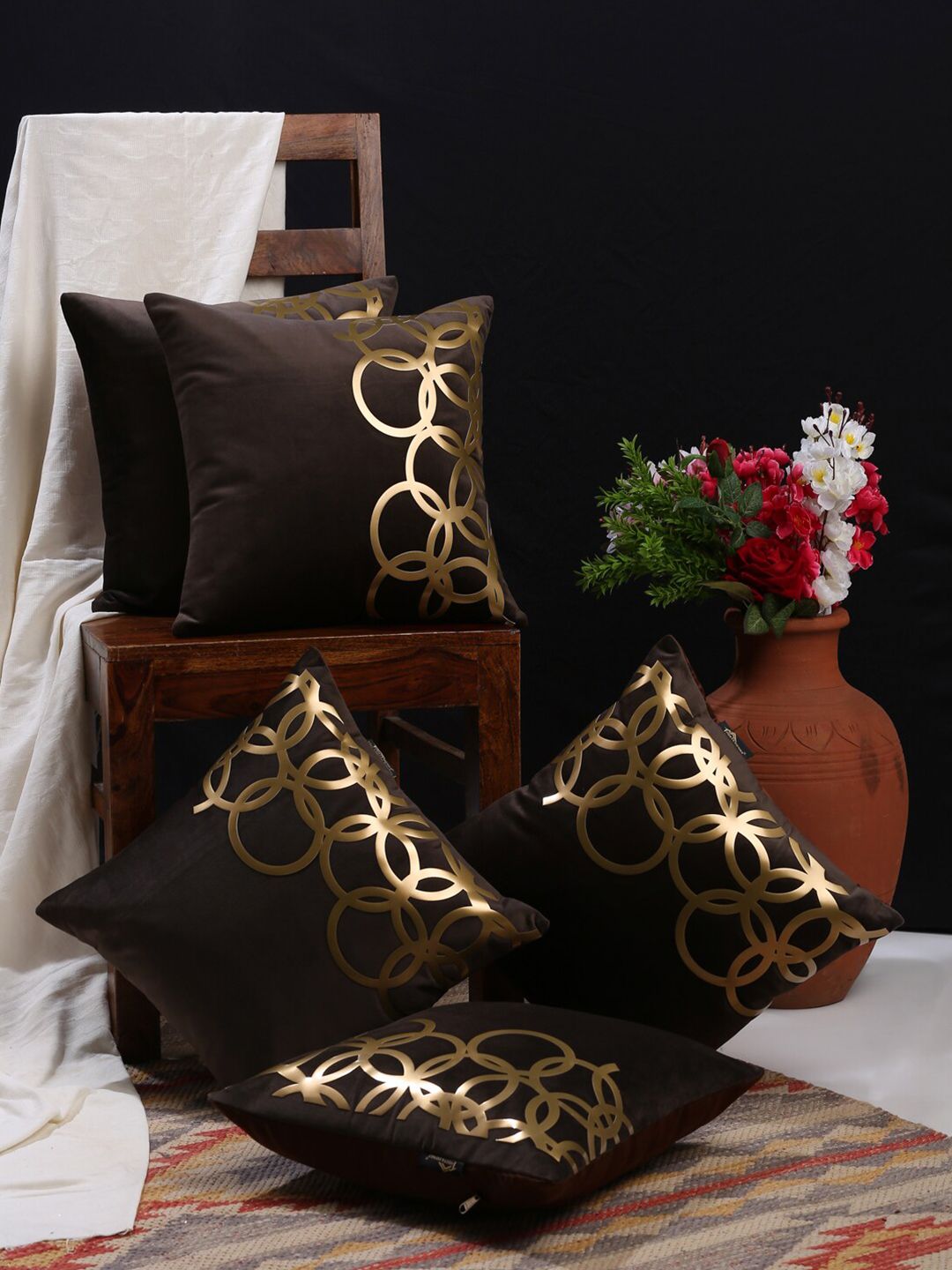 HOSTA HOMES Brown & Gold-Toned Set of 5 Geometric Velvet Square Cushion Covers Price in India