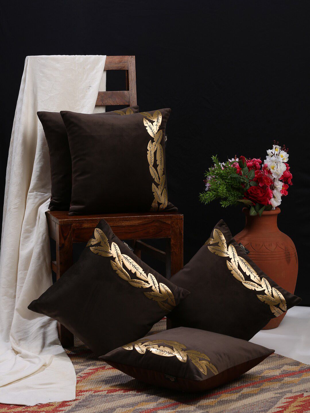 HOSTA HOMES Brown & Gold-Toned Set of 5 Floral Velvet Square Cushion Covers Price in India