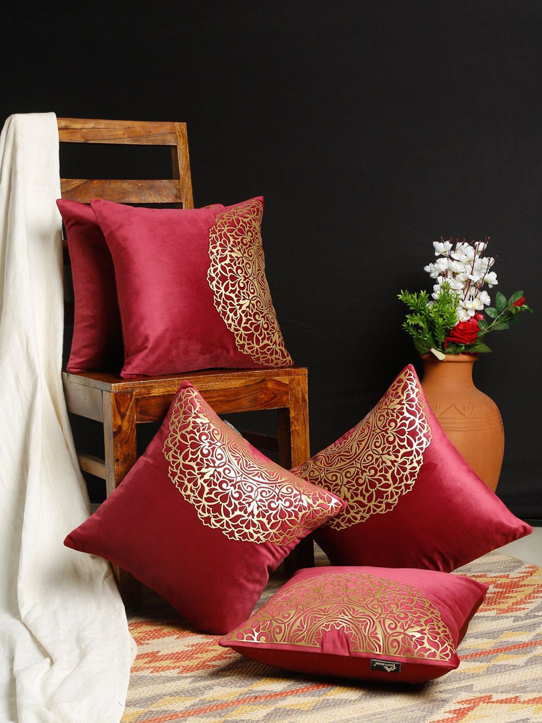 HOSTA HOMES Red & Gold-Toned Set of 5 Geometric Velvet Square Cushion Covers Price in India