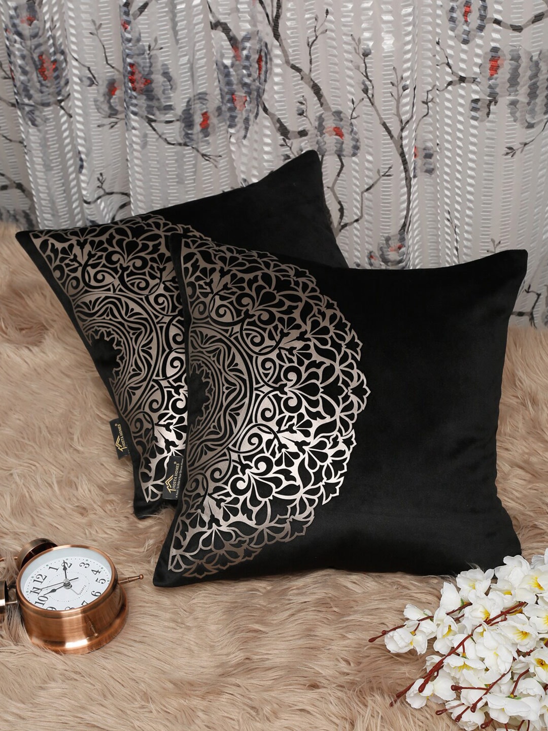 HOSTA HOMES Black & Gold-Toned Set of 2 Geometric Velvet Square Cushion Covers Price in India