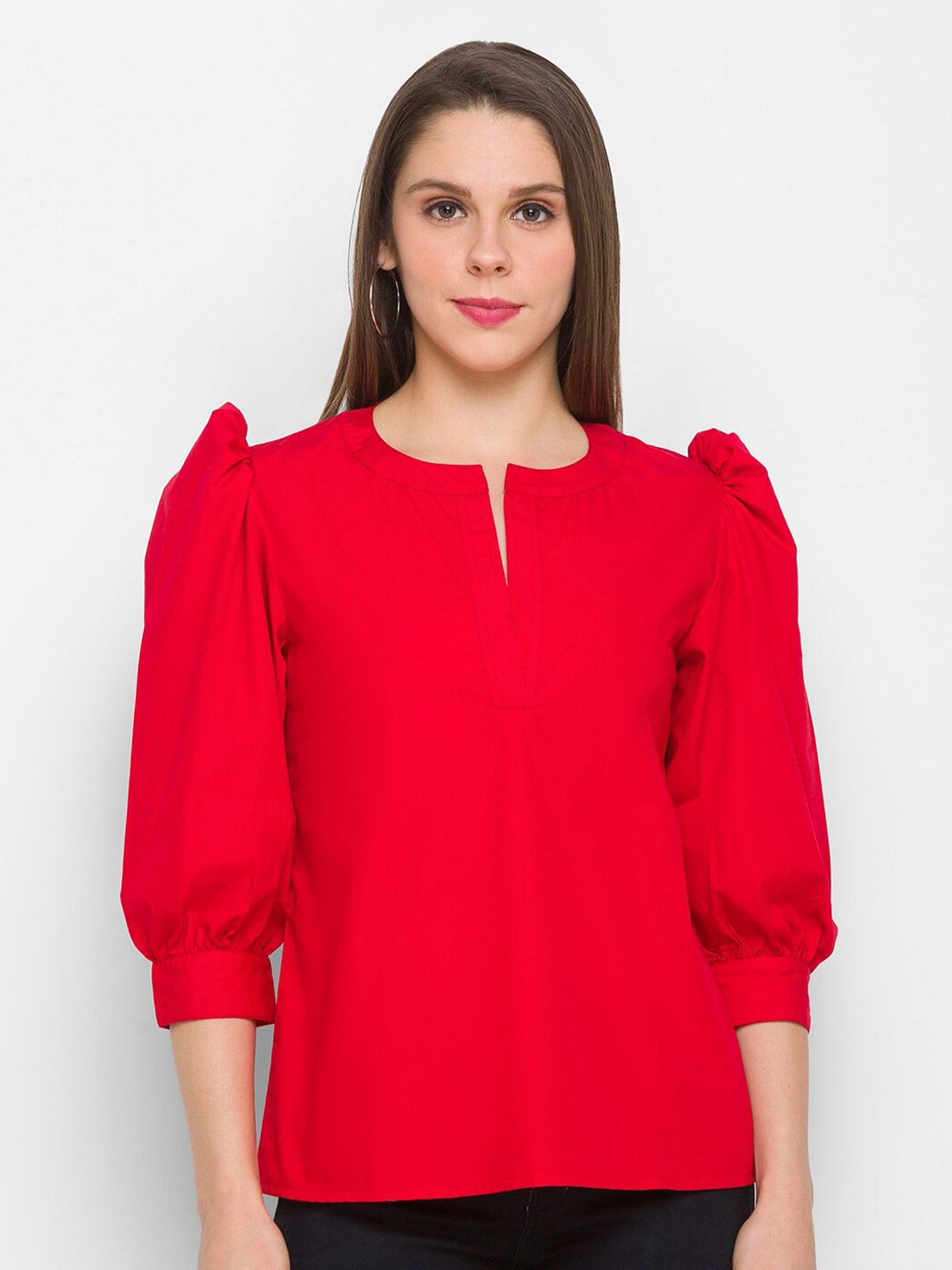 Globus Women Red Solid Pure Cotton Top Price in India