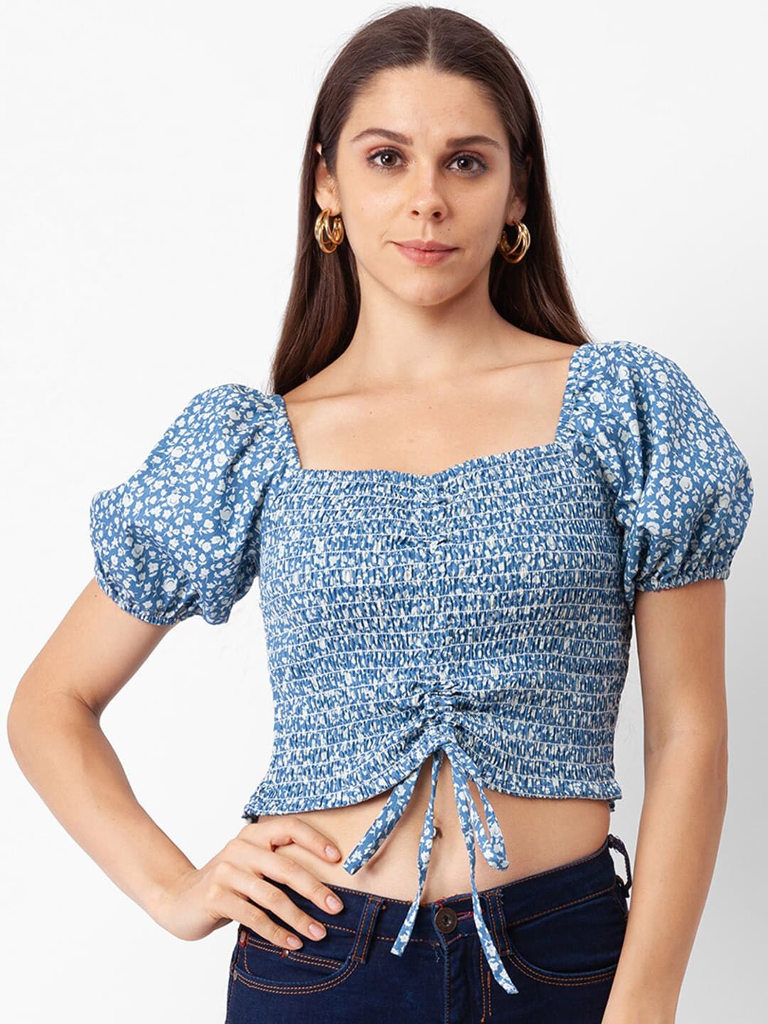 Globus Blue Floral Print Pure Cotton Crop Top Price in India