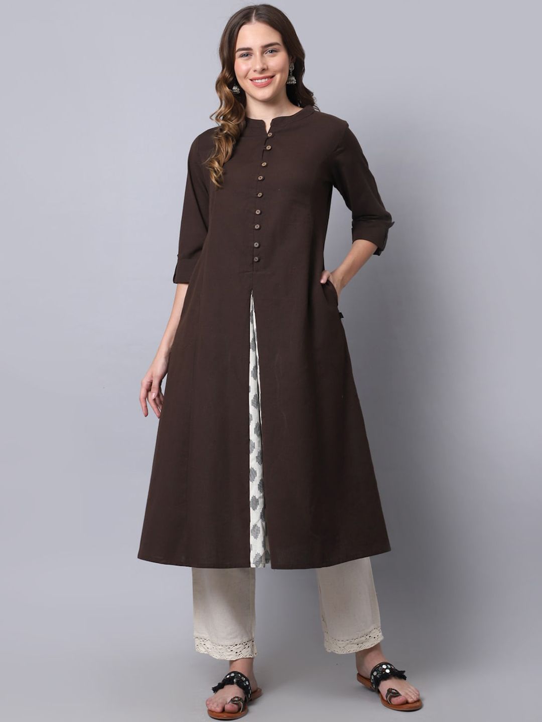 Pistaa Women Brown & White Kurta Price in India