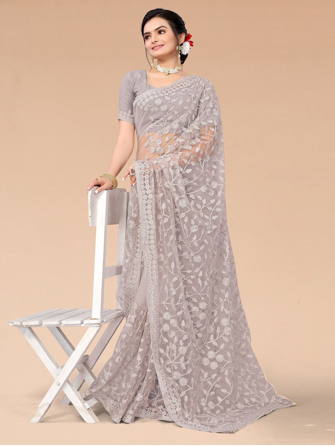 Mitera Grey Floral Embroidered Net Fusion Saree