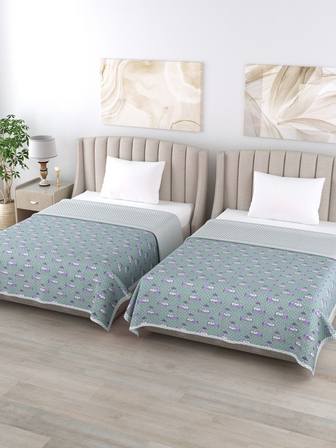 Home Fresh Grey & Purple Set of 2 Floral AC Room 350 GSM Single Bed Dohar Price in India