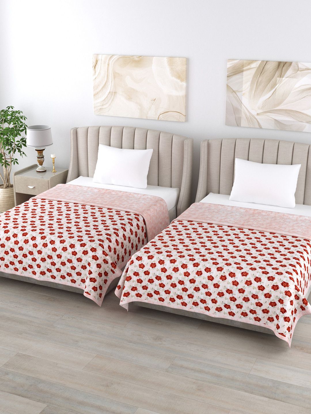 Home Fresh Red & Off White Set of 2 Floral AC Room 350 GSM Single Bed Dohar Price in India