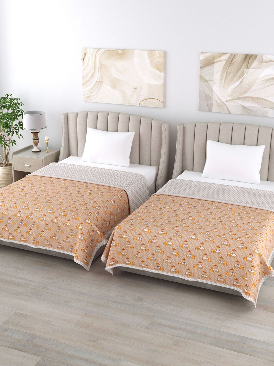 Home Fresh Brown & White Set of 2 Elephant Print AC Room 350 GSM Single Bed Dohar Price in India