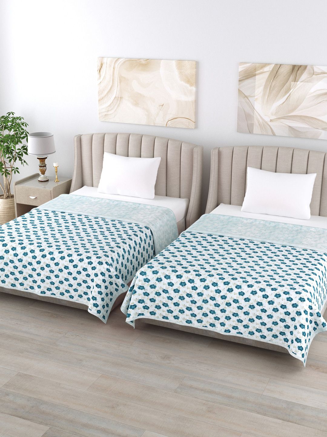Home Fresh White & Teal Set of 2 Floral AC Room 350 GSM Single Bed Dohar Price in India