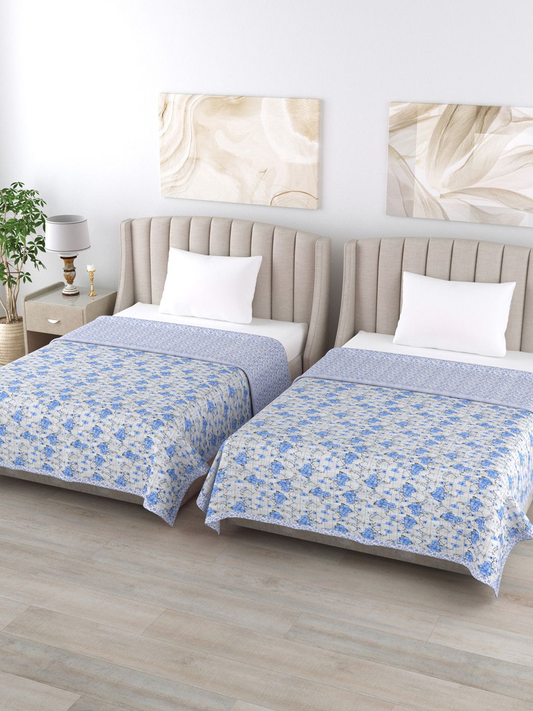 Home Fresh Grey & Blue Set of 2 Floral AC Room 350 GSM Single Bed Dohar Price in India