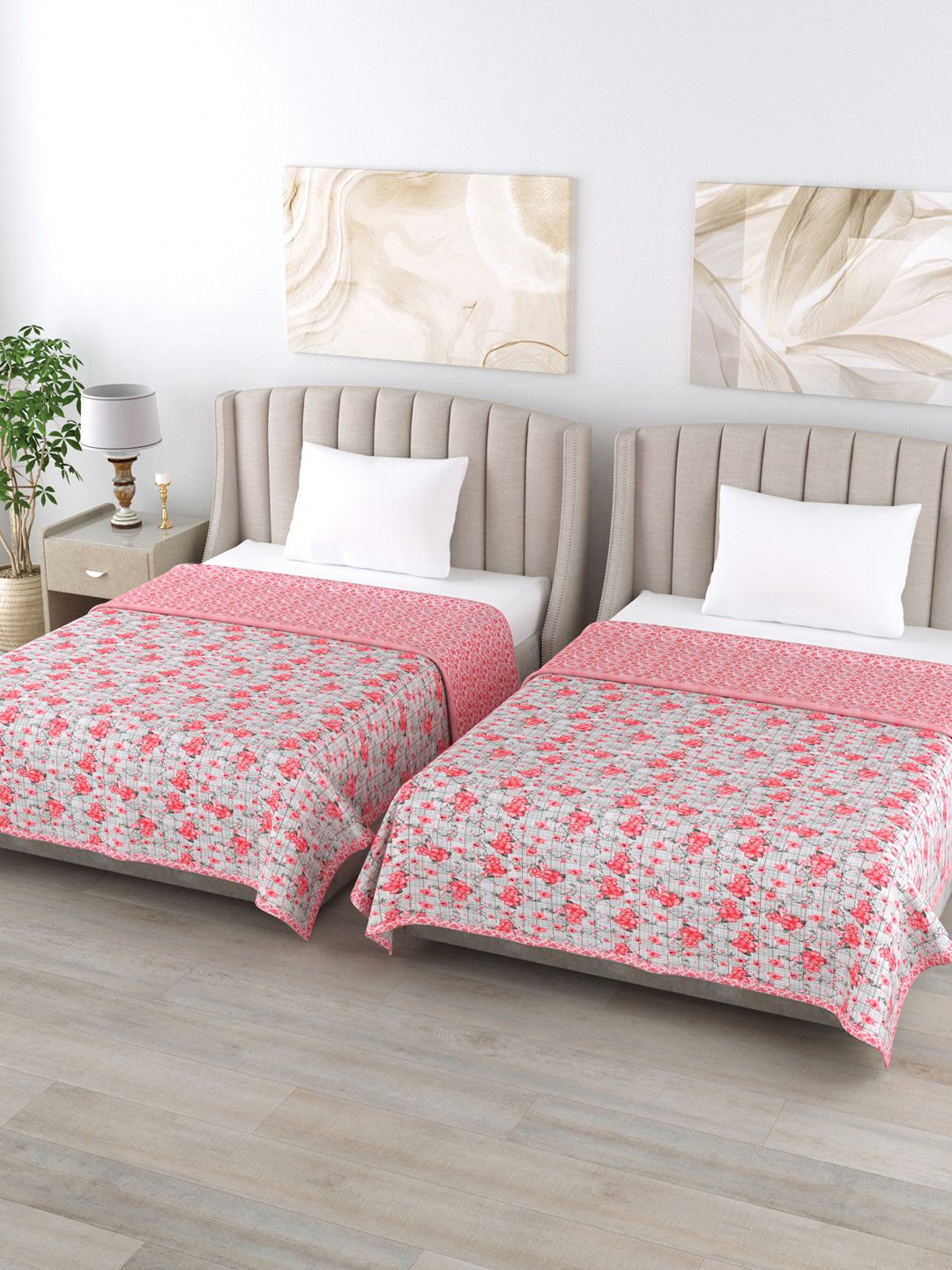 Home Fresh Pink & Grey Set of 2 Floral AC Room 350 GSM Single Bed Dohar Price in India