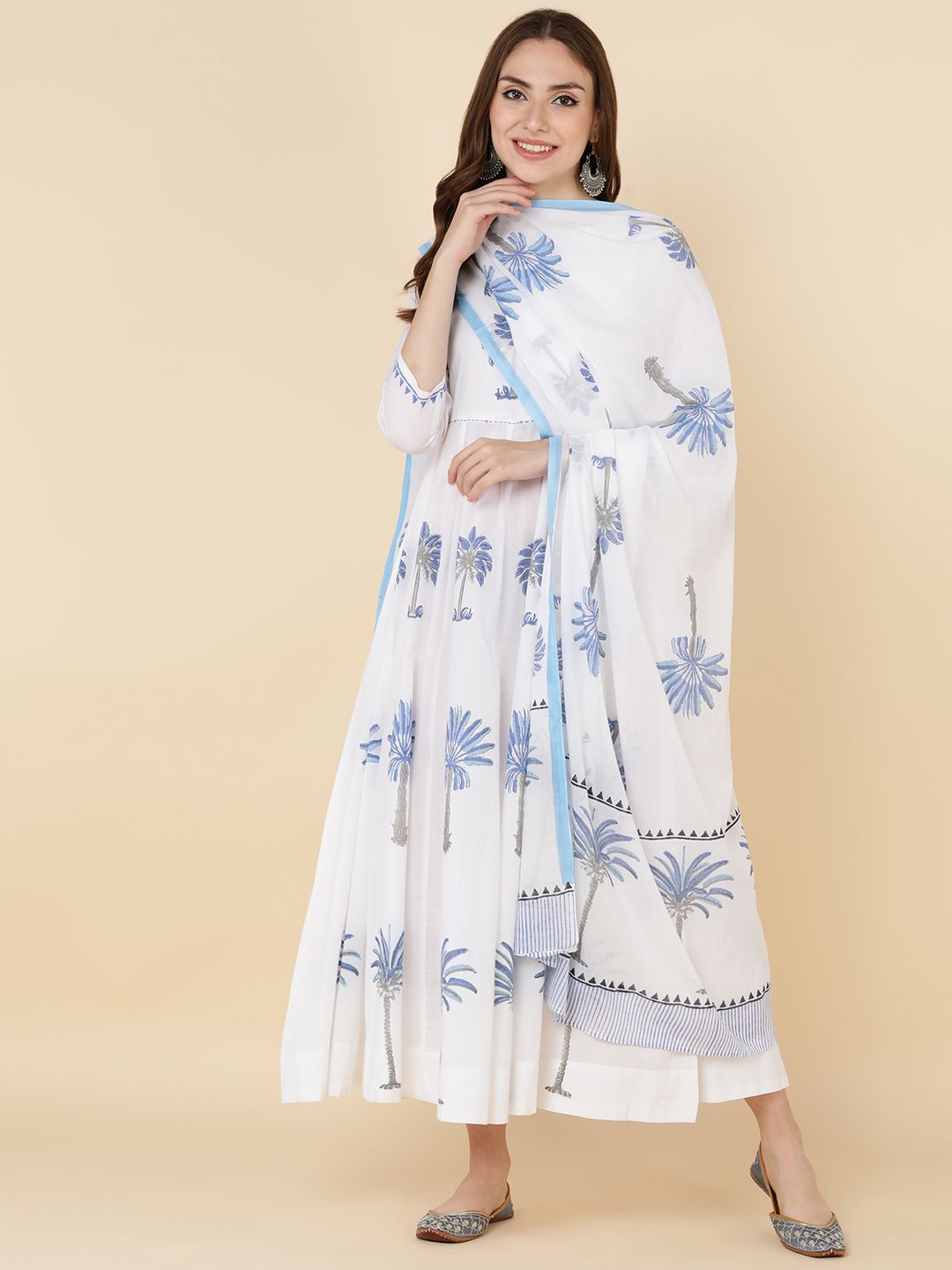 MAAND White & Blue Floral Tropical Printed Pure Cotton Ethnic Maxi Dress with Dupatta Price in India