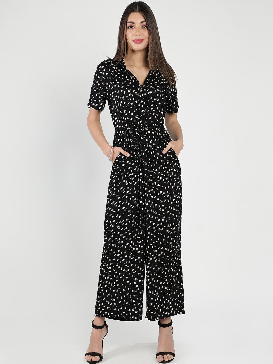 DEBONATELLA Black & White Printed Basic Jumpsuit Price in India