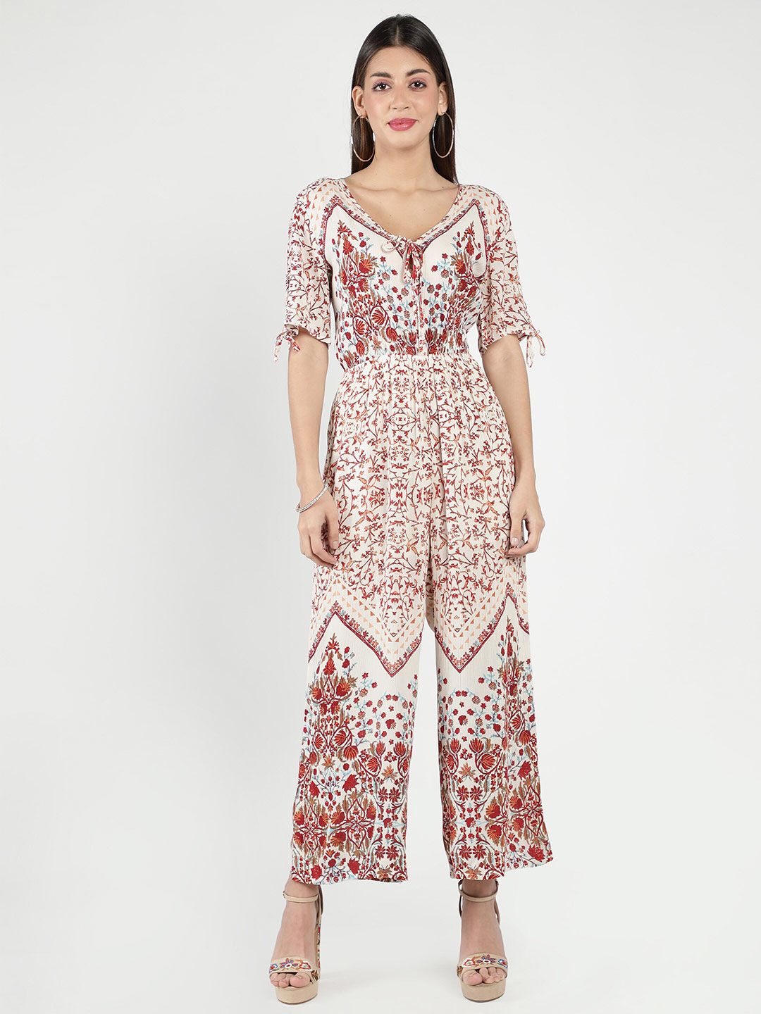 DEBONATELLA Pink & Off White Printed Basic Jumpsuit Price in India