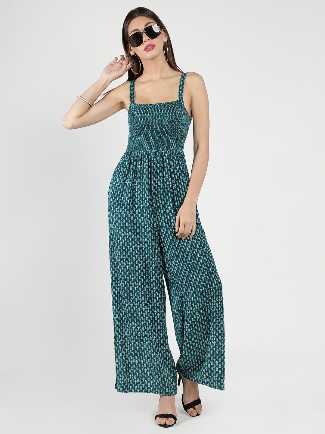 DEBONATELLA Green & Off White Printed Basic Jumpsuit Price in India