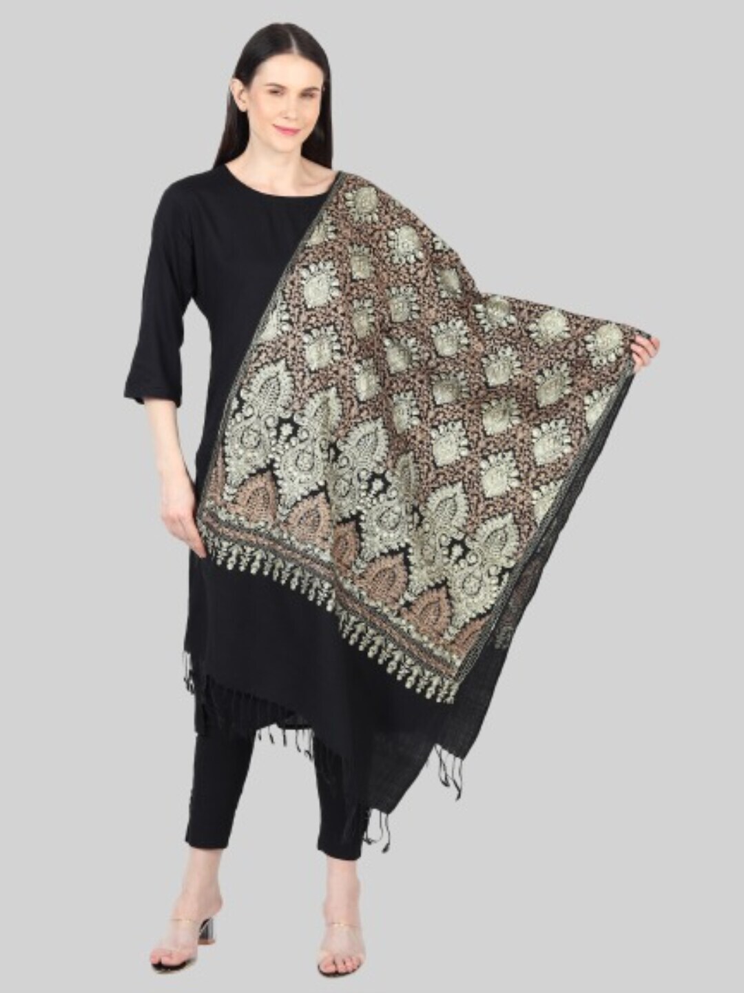 MUFFLY Women Black & White Embroidered Stole Price in India