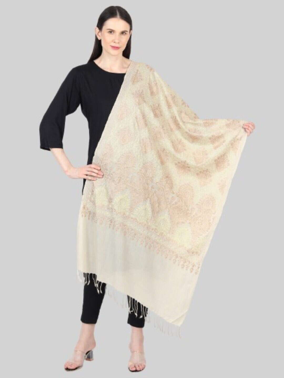 MUFFLY Women Beige Embroidered Stole Price in India