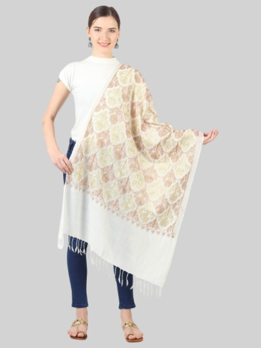 MUFFLY Women White & Pink Embroidered Stole Price in India
