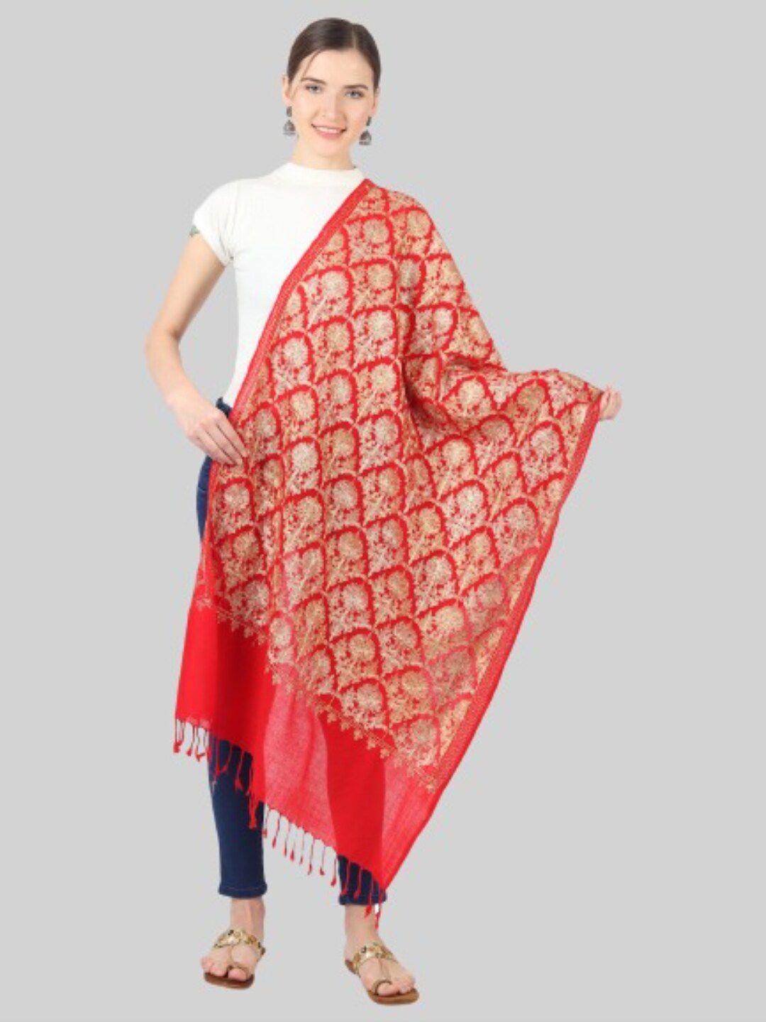 MUFFLY Women Red & Gold-Toned Embroidered Stole Price in India