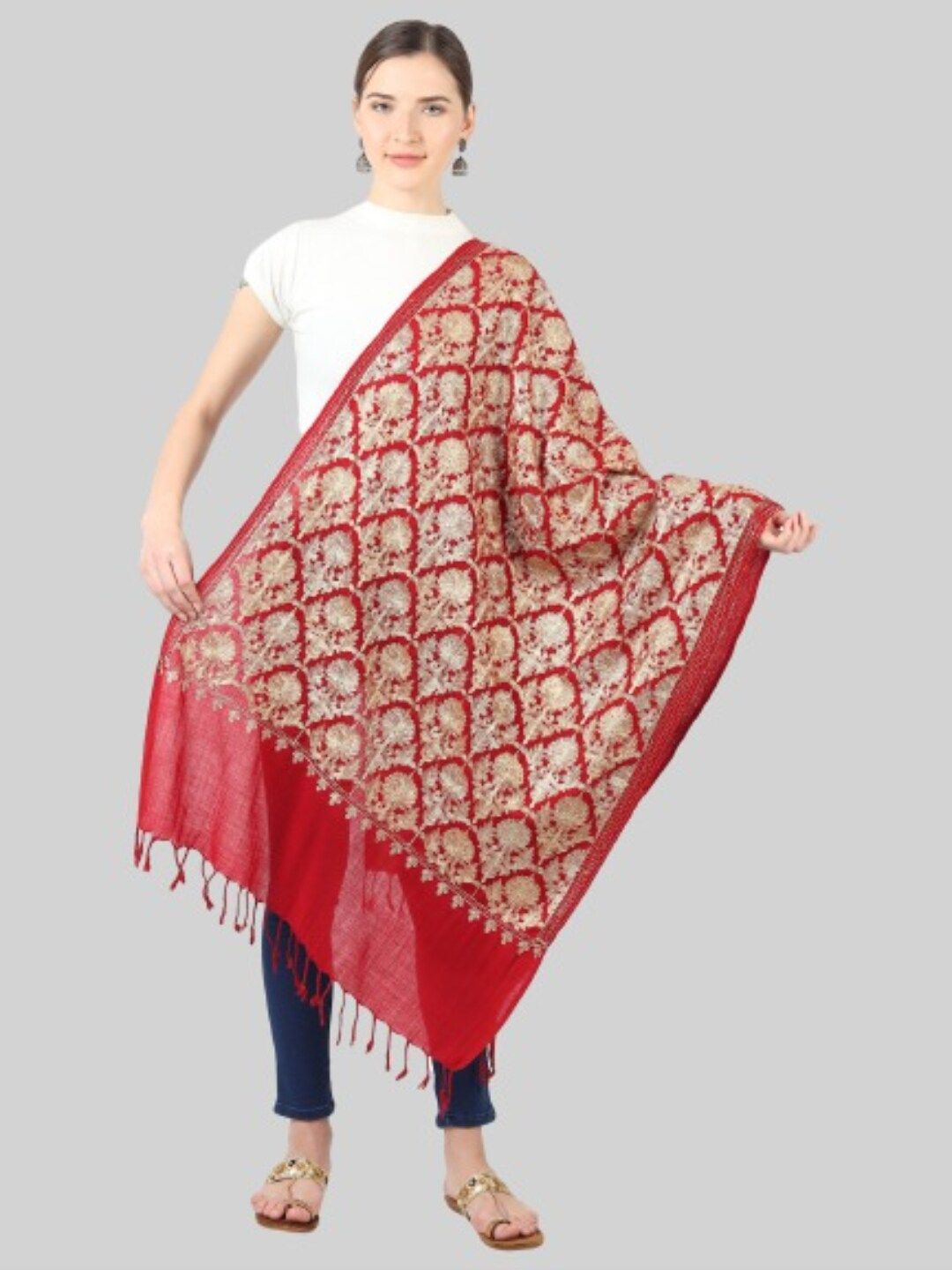 MUFFLY Women Maroon & Gold-Toned Embroidered Stole Price in India