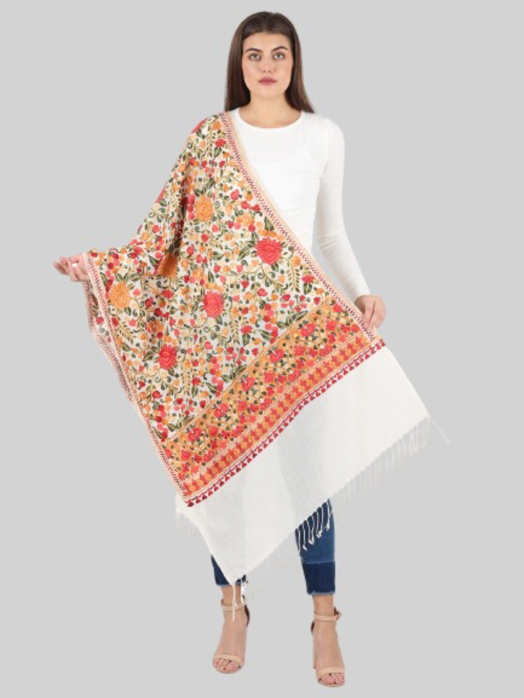 MUFFLY Women White & Red Embroidered Stole Price in India