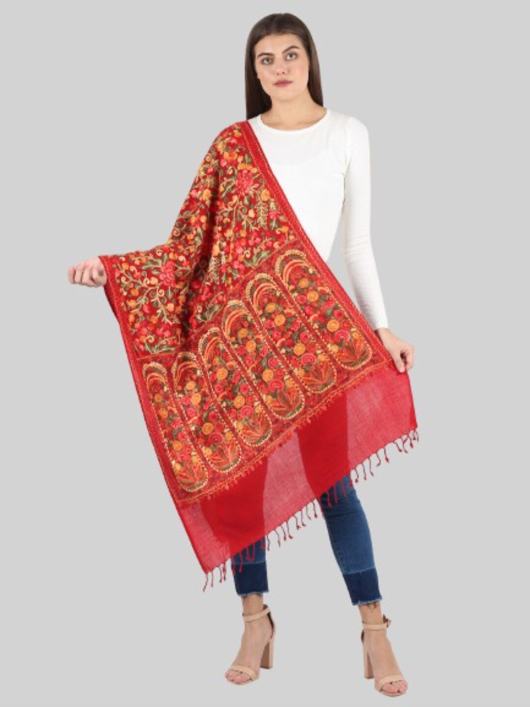 MUFFLY Women Red & Orange Embroidered Stole Price in India