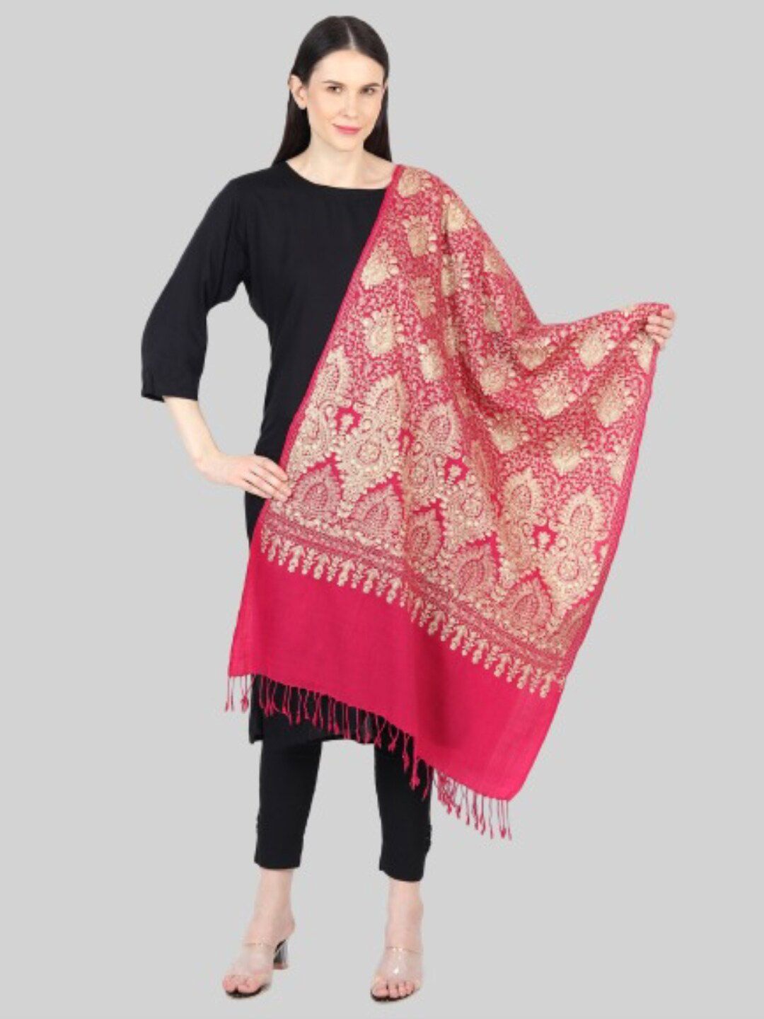 MUFFLY Women Pink & Gold-Toned Embroidered Stole Price in India