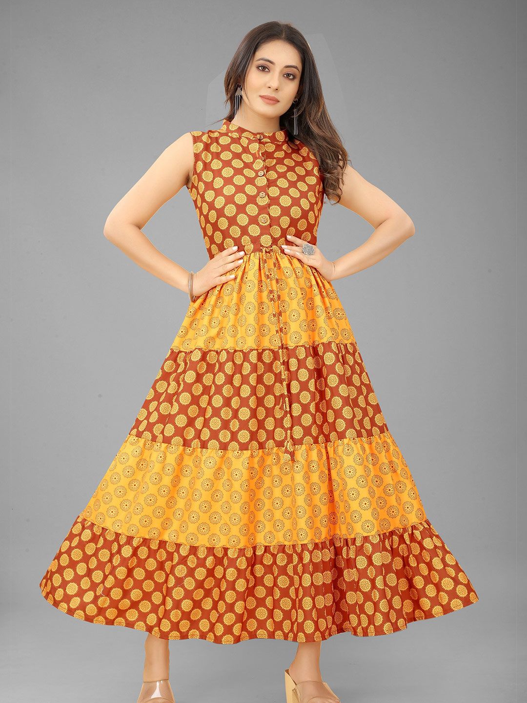 RUHI FASHION Women Yellow Ethnic Motifs Printed Fit & Flare Dress Price in India