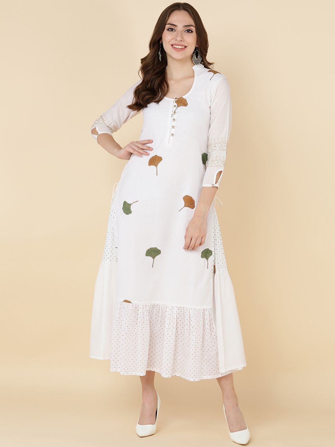 MAAND White & Mustard Yellow Floral Embroidered A-Line Midi Dress Price in India