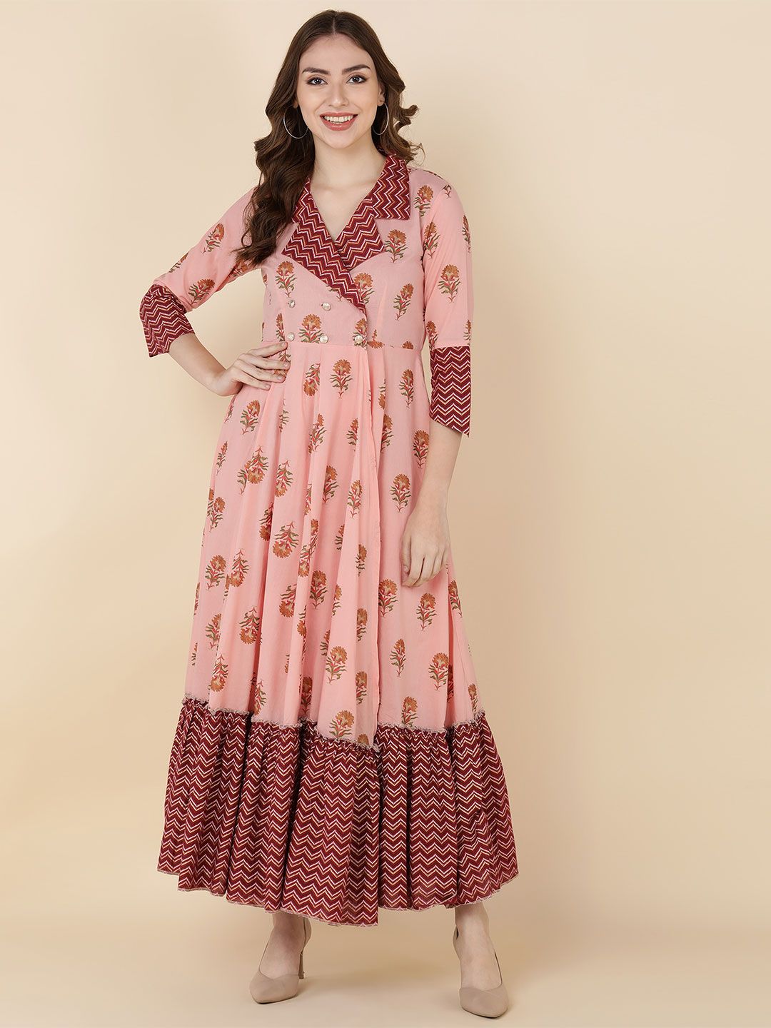 MAAND Pink & Maroon Floral Ethnic Maxi Dress Price in India