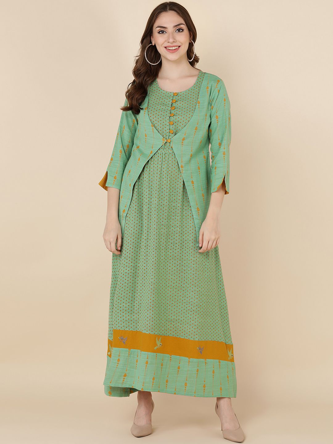 MAAND Green & Yellow A-Line Maxi Dress Price in India