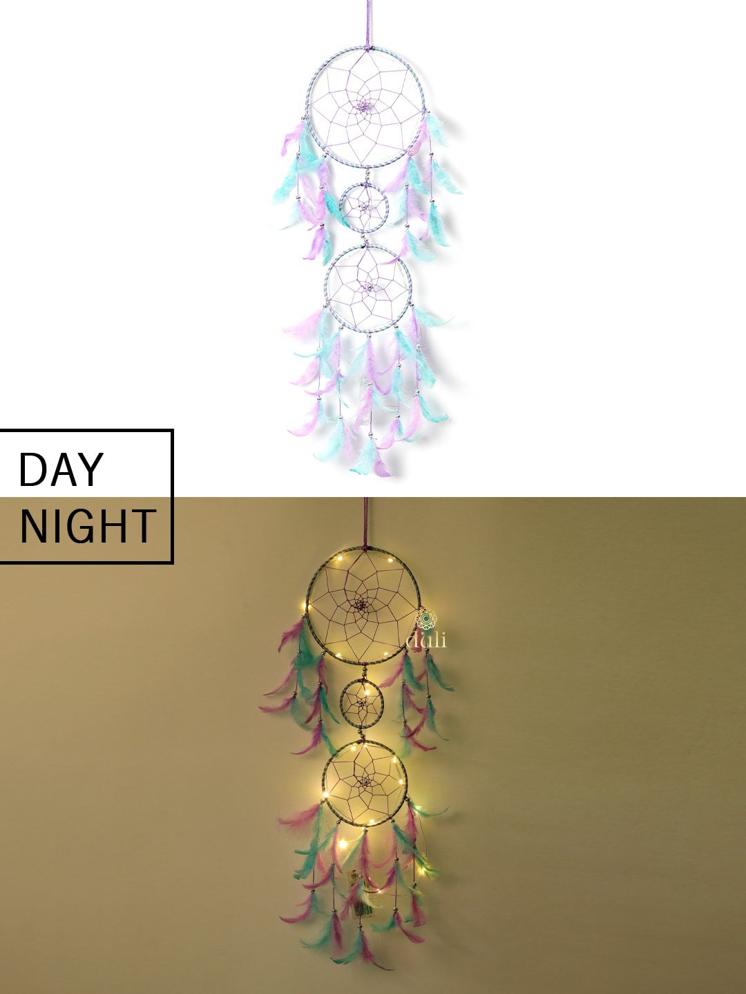 DULI Purple & Green Hanging Dream Catcher With 3 Rings with Lights