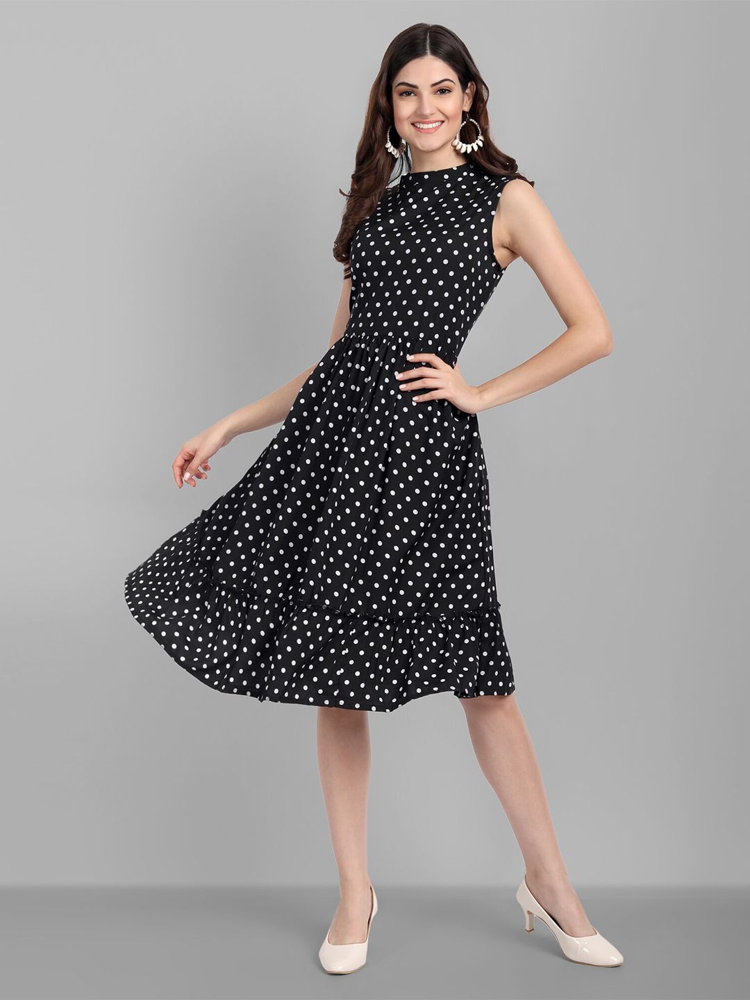 SINGNI Women Black Printed Crepe Midi Fit & Flare Dress Price in India