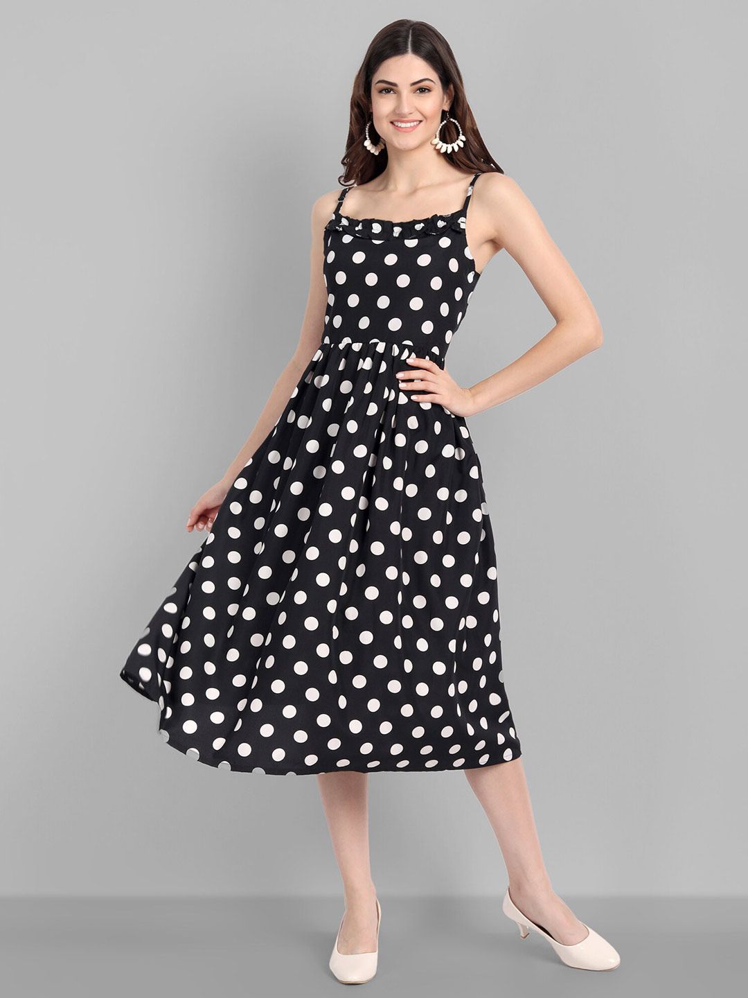 SINGNI Black & White Printed Polka Dots Crepe Midi Dress Price in India