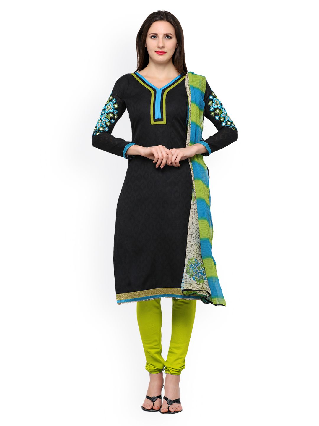 Saree mall Black & Green Cotton Blend Unstitched Dress Material Price in India