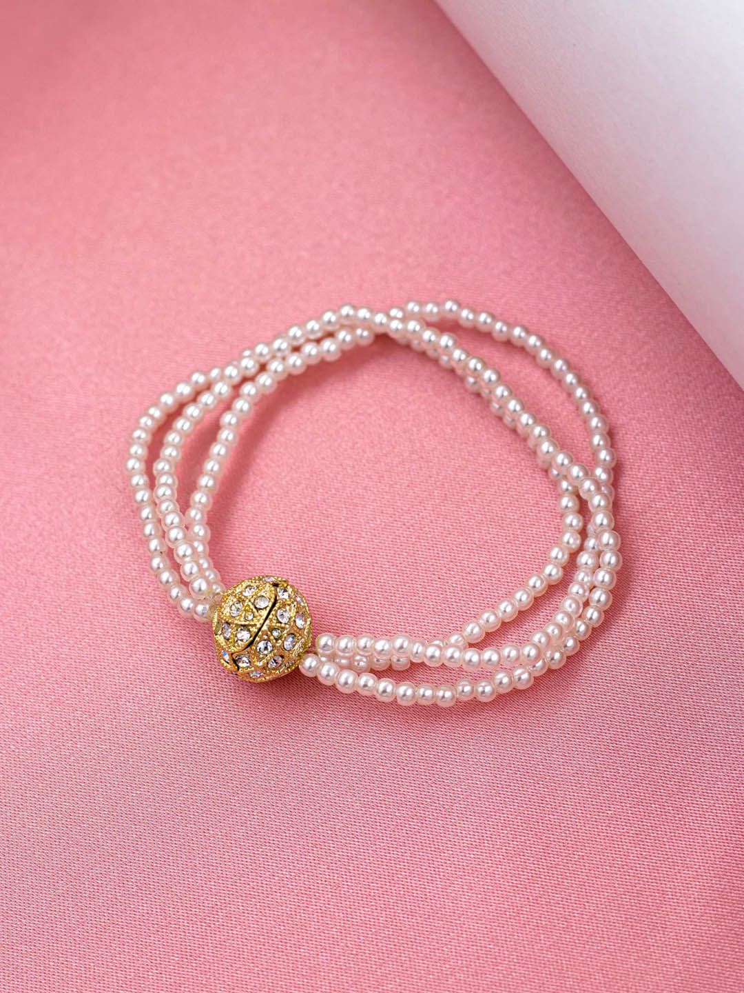 Bellofox Women White & Gold-Toned Pearls Link Bracelet Price in India