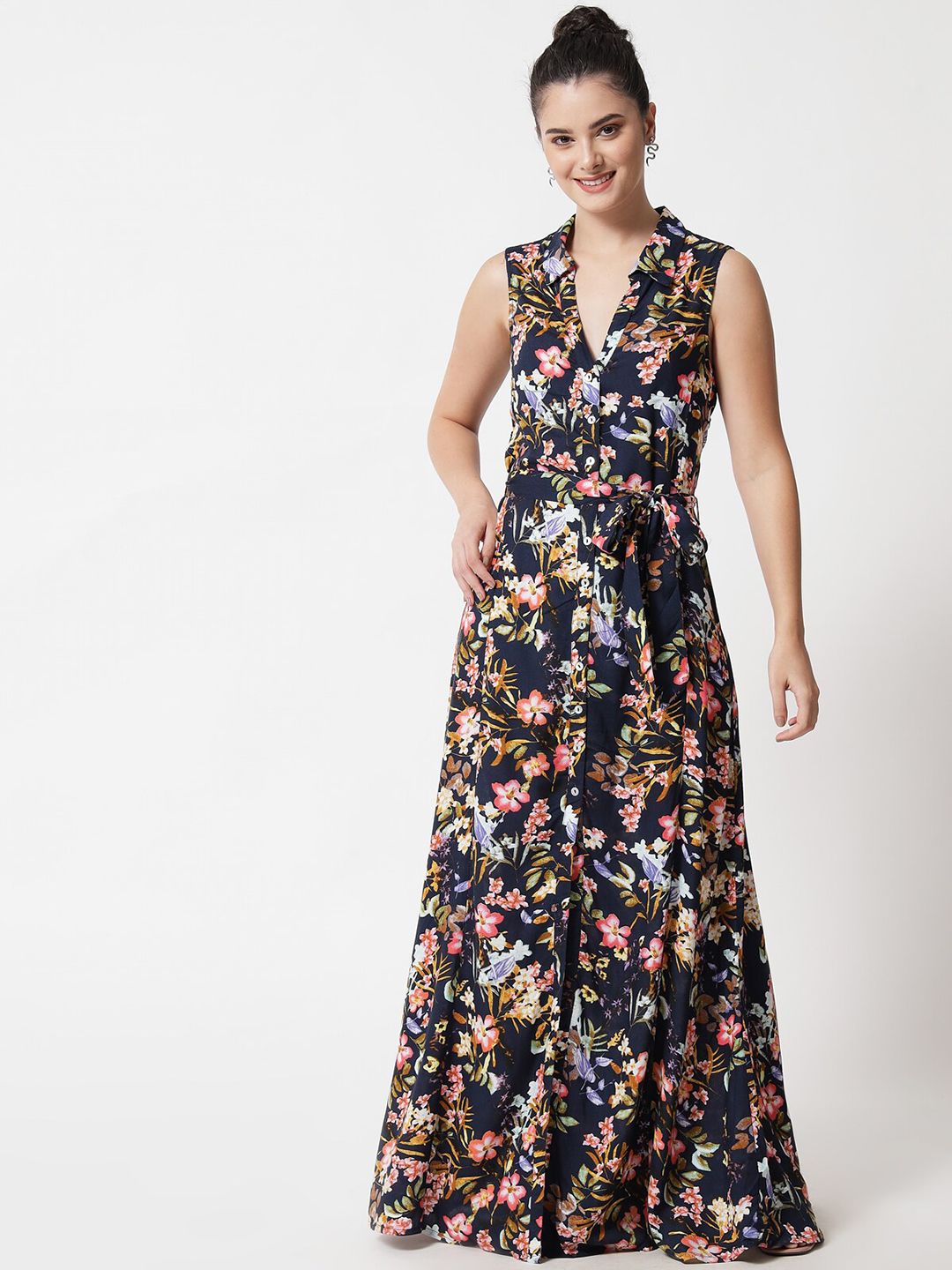 MAXENCE Navy Blue Floral Printed A-Line Maxi Dress Price in India