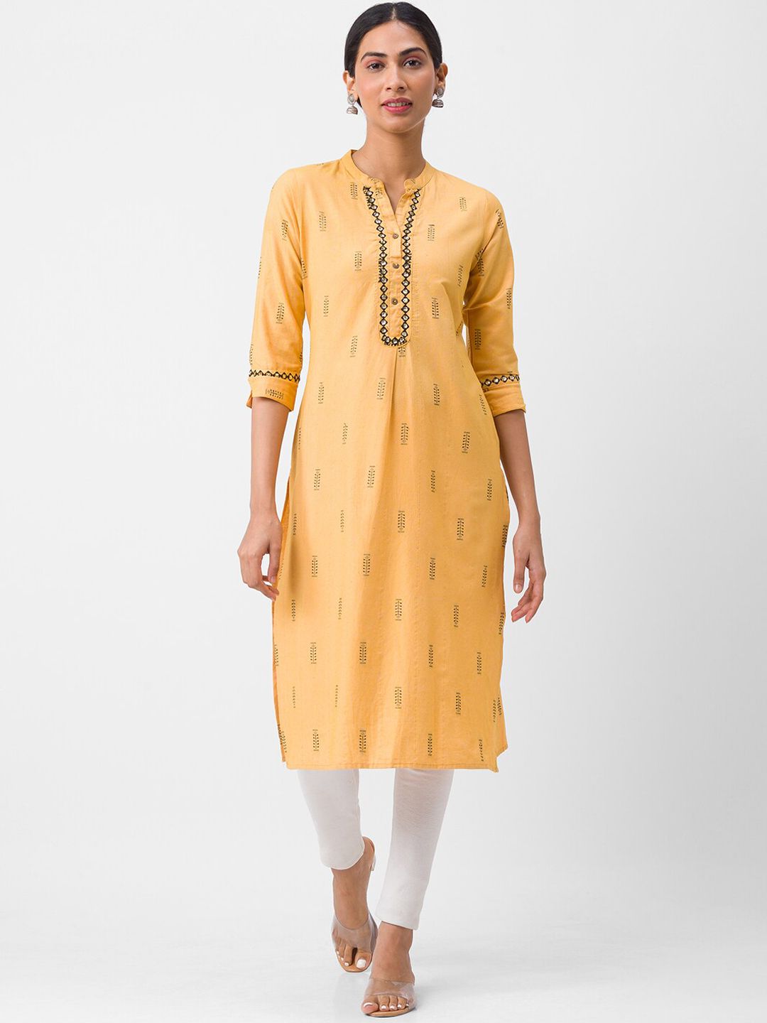 Globus Women Yellow Ethnic Motifs Embroidered Thread Work Kurta Price in India