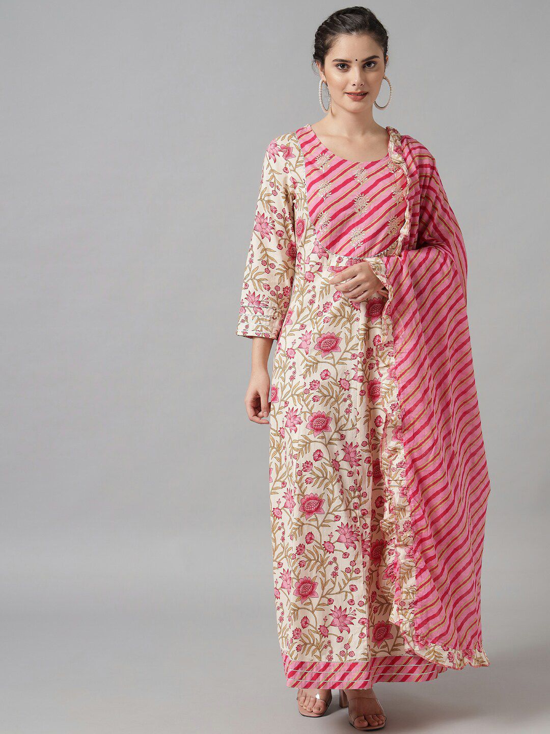 Meeranshi Beige Floral Ethnic Maxi Dress With Dupatta Price in India