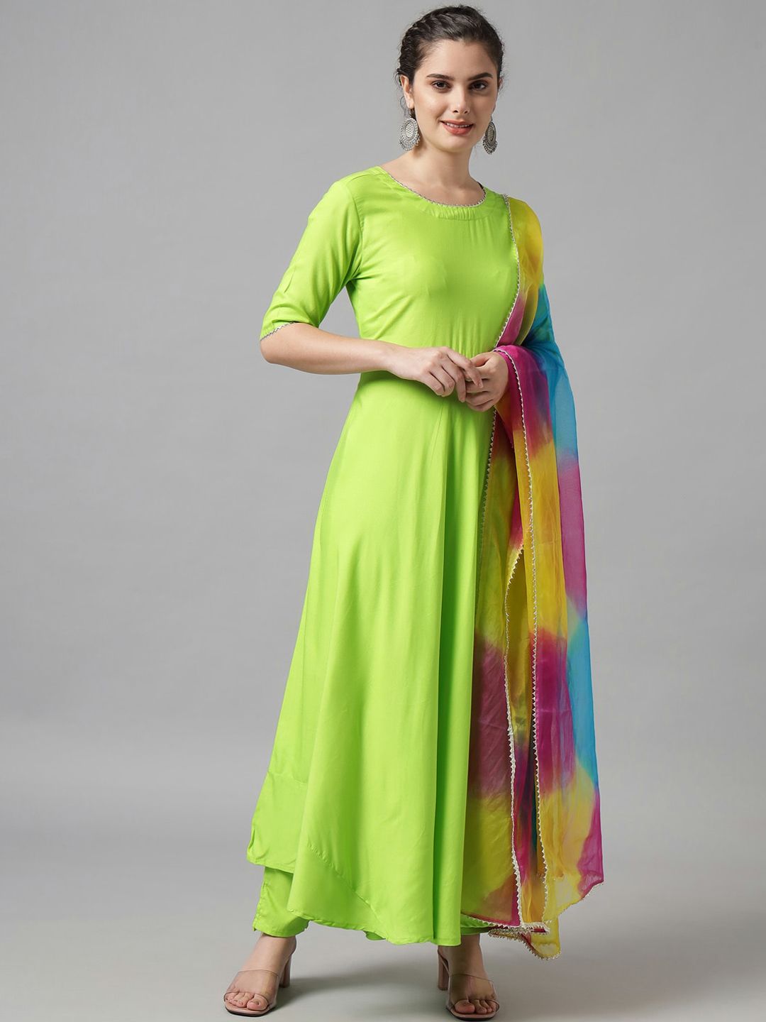 Meeranshi Women Fluorescent Green Gotta Patti  Kurtawith Trousers & With Dupatta Price in India