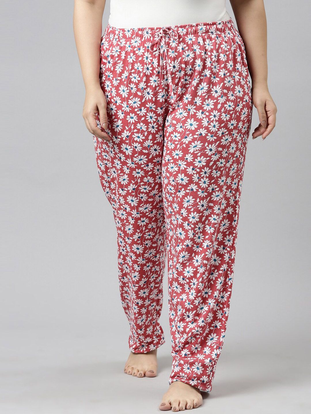 Go Colors Women Red & White Printed Relaxed Fit Cotton Lounge Pants Price in India